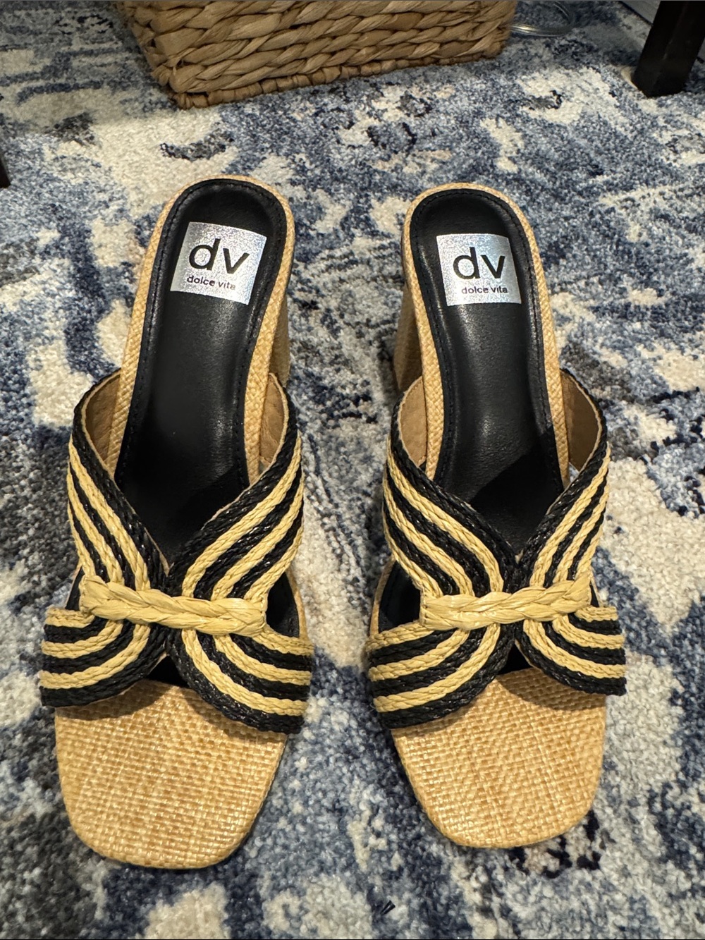 Dolce Vita Black and Natural Braided Knot Slide Mules